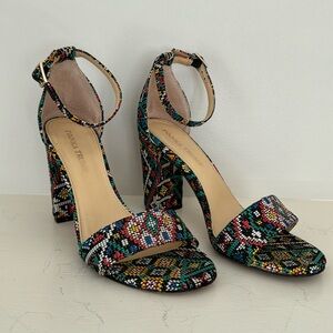 Woven, multicolored, printed block heel. Ivanka Trump size 8.